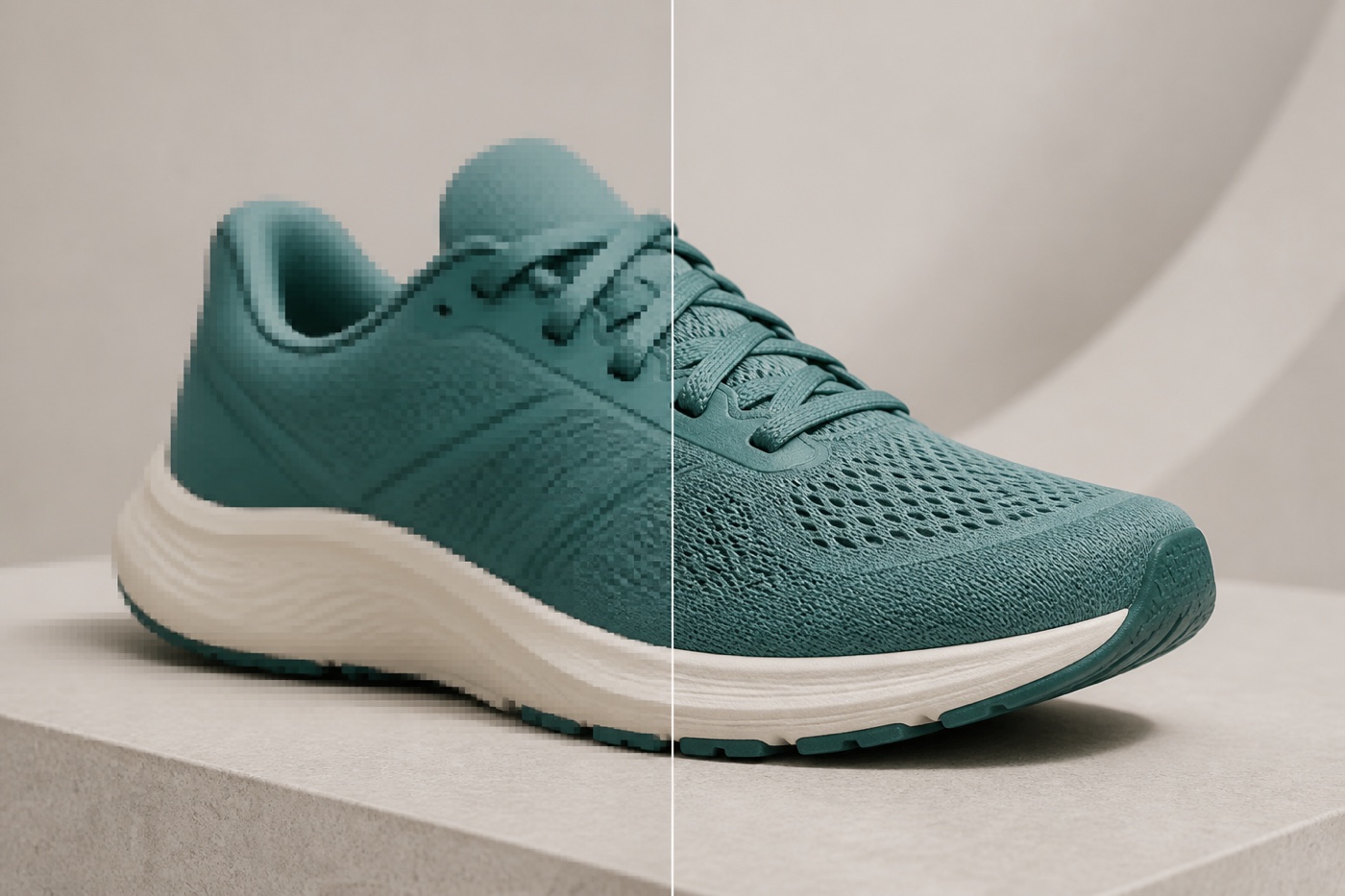 Low-resolution running shoe before and after enhancement with AI Image Upscaler