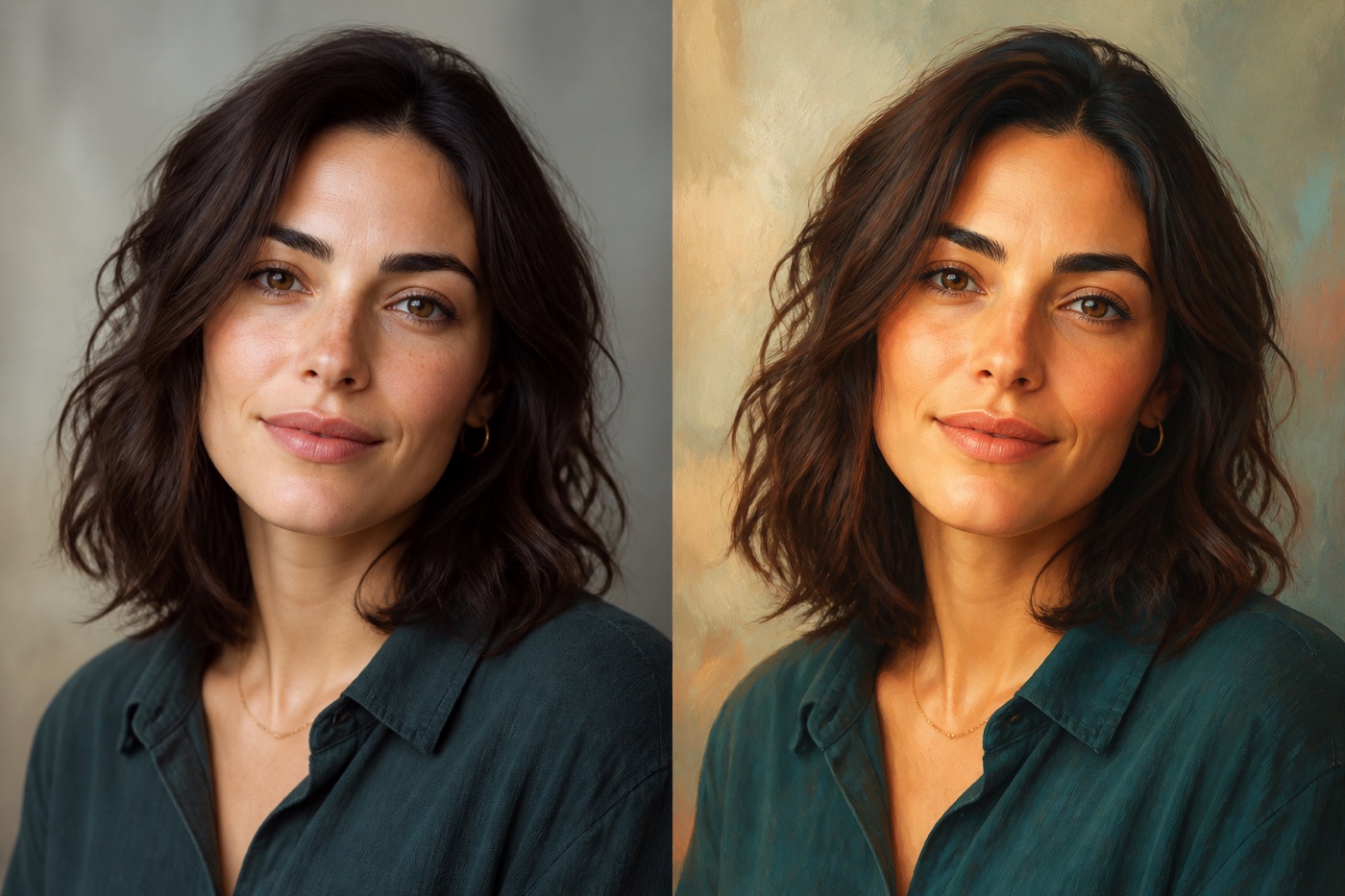 Original portrait before and after AI style transfer
