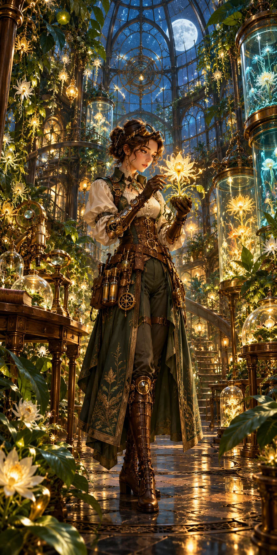 Clockwork botanist holding a glowing flower in a glass greenhouse