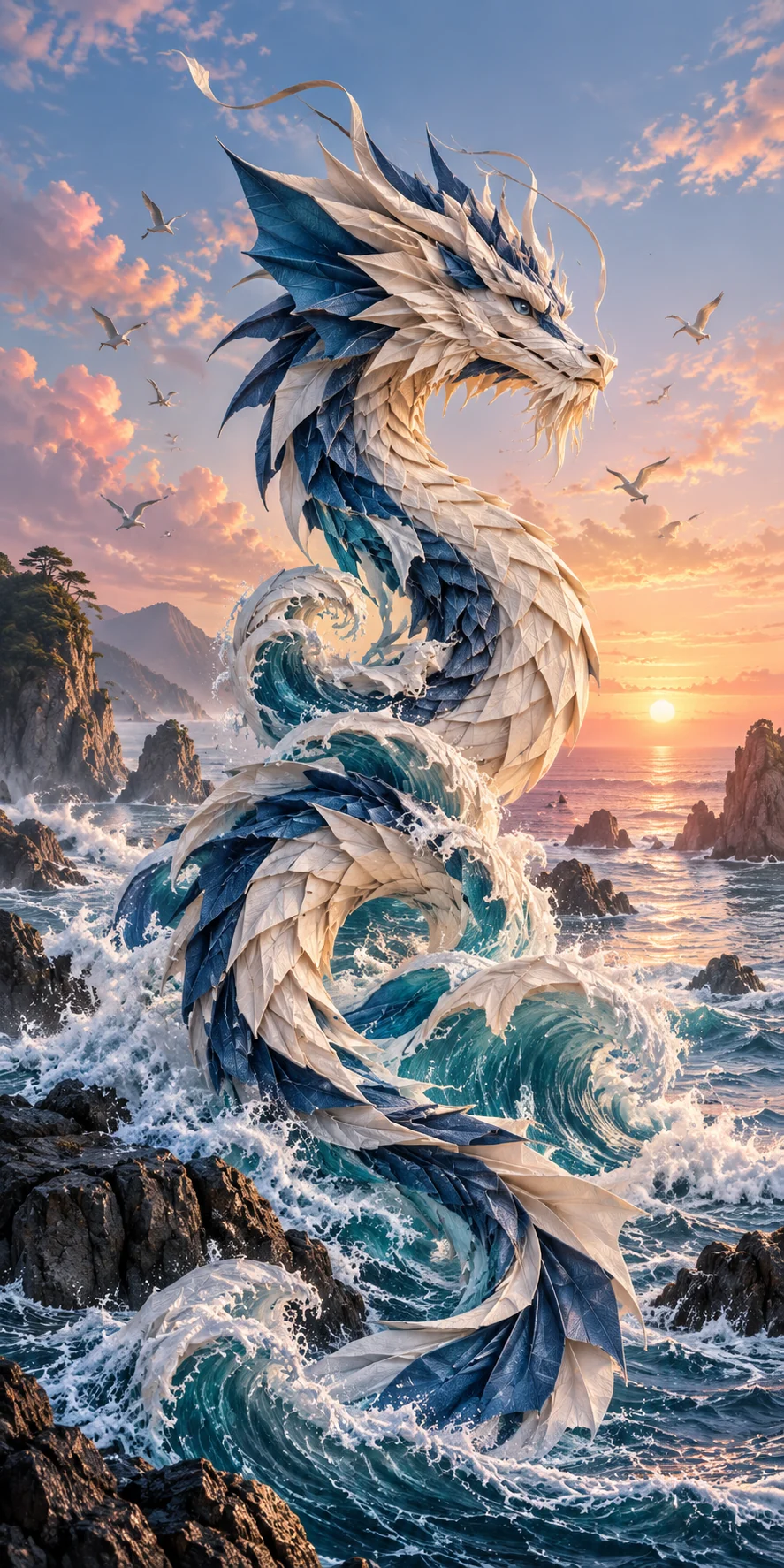 Origami sea dragon formed from folded paper and waves on a dawn coast