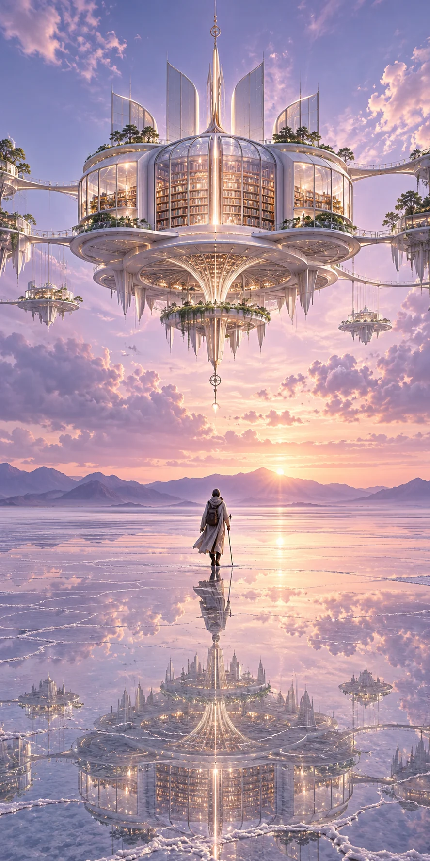 Traveler beneath a floating solar library reflected in a salt lake at dawn