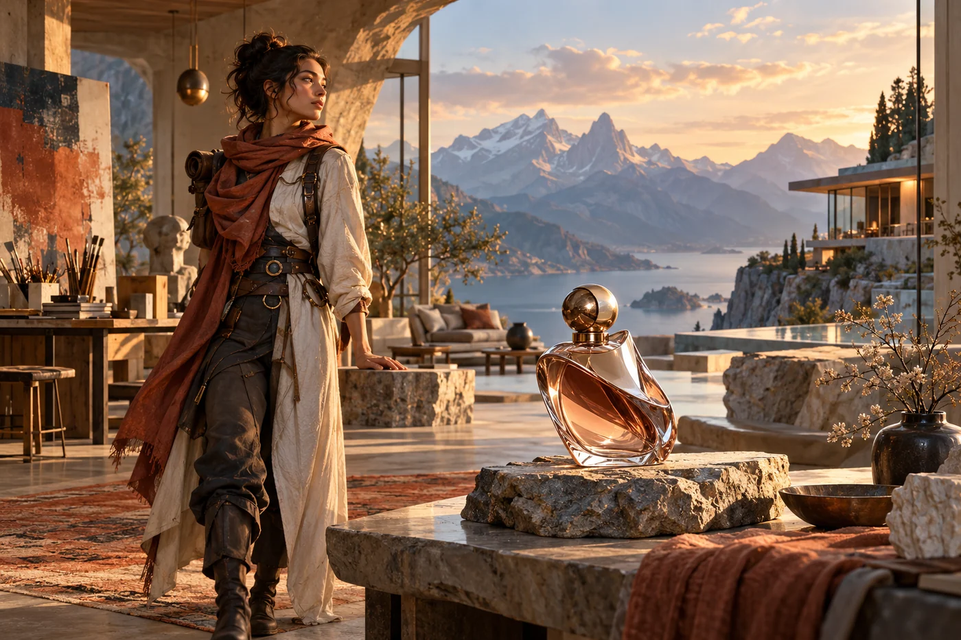 Original traveler character, perfume product concept, and mountain retreat scene