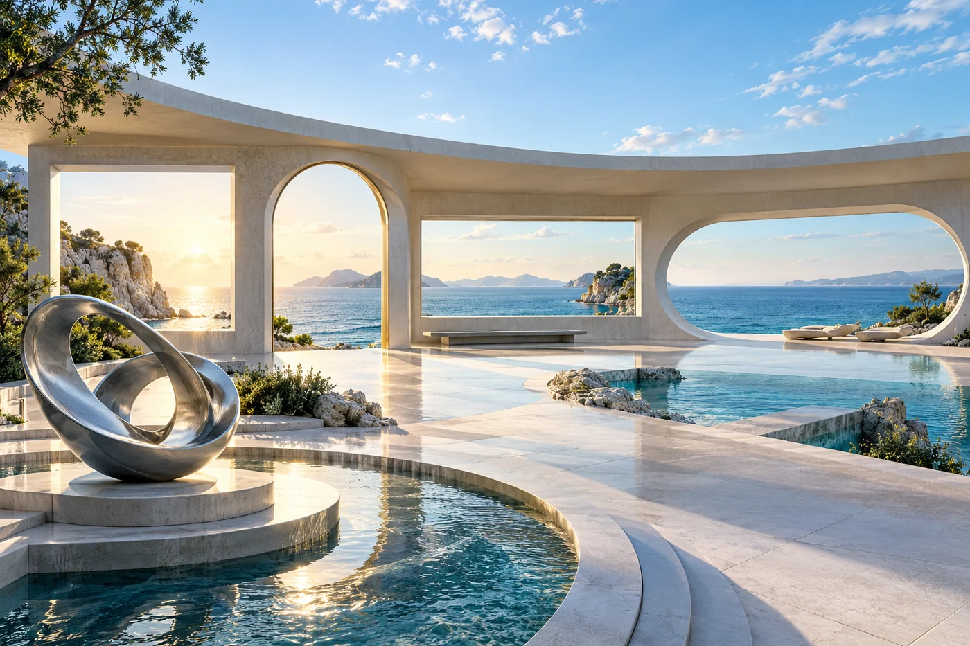 Futuristic seaside pavilion with square, portrait, landscape, and panoramic openings