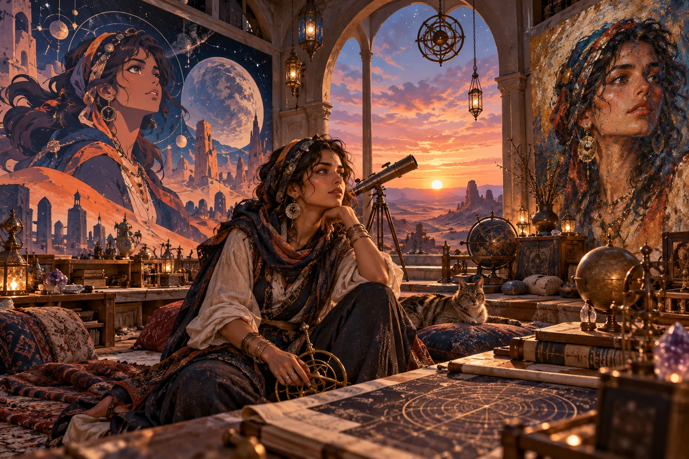 Desert astronomer shown as a photoreal subject and in anime and painted styles