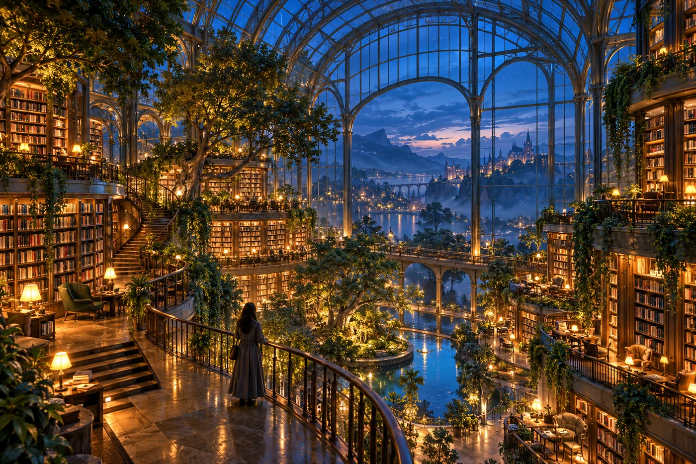 Cinematic glasshouse library generated from a text prompt at blue hour