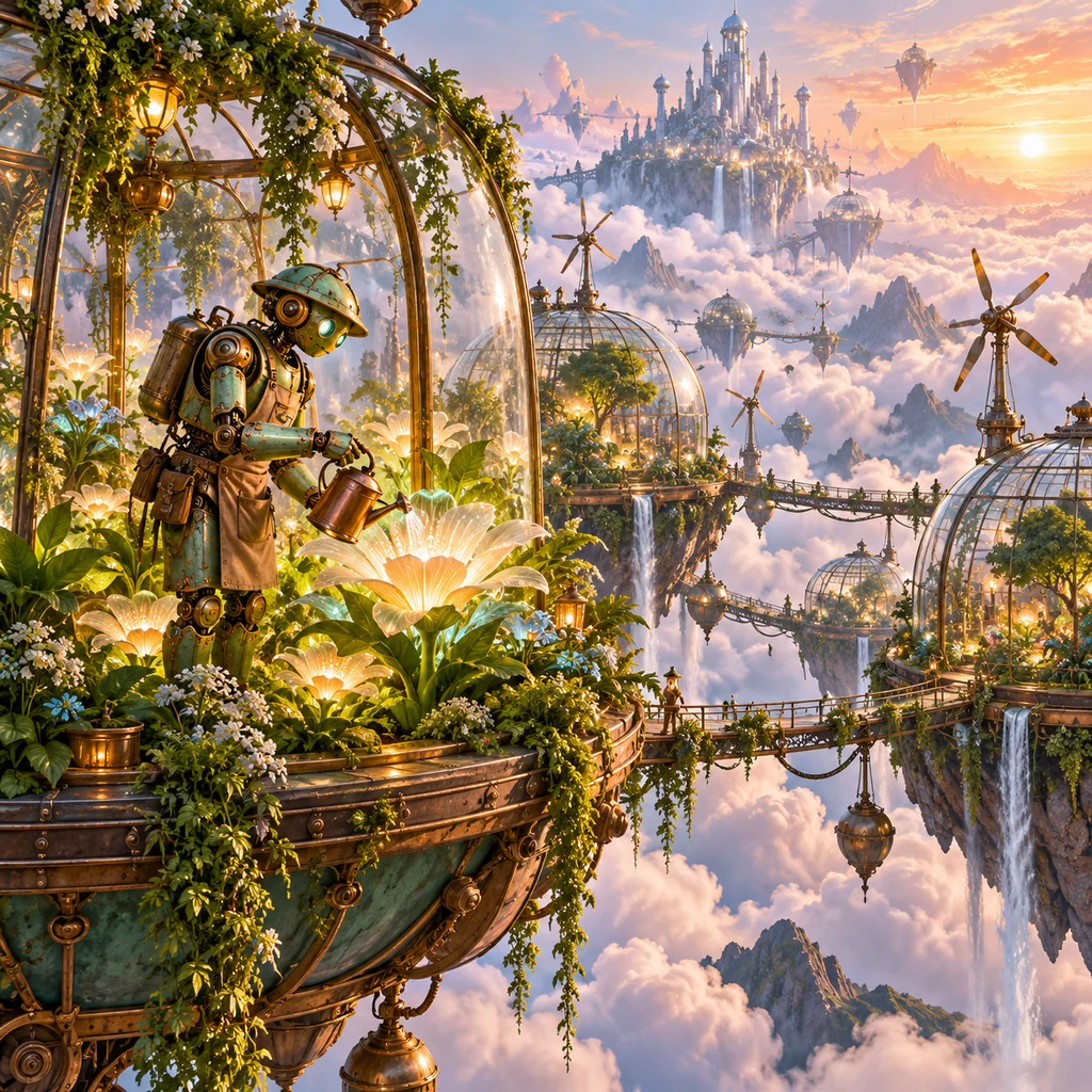 Mechanical gardener tending luminous plants in floating greenhouses above the clouds