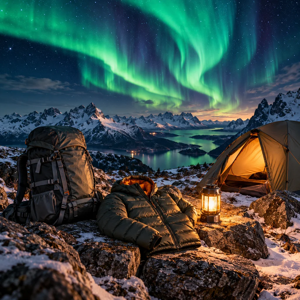 Outdoor equipment campaign concept at an alpine campsite beneath an aurora