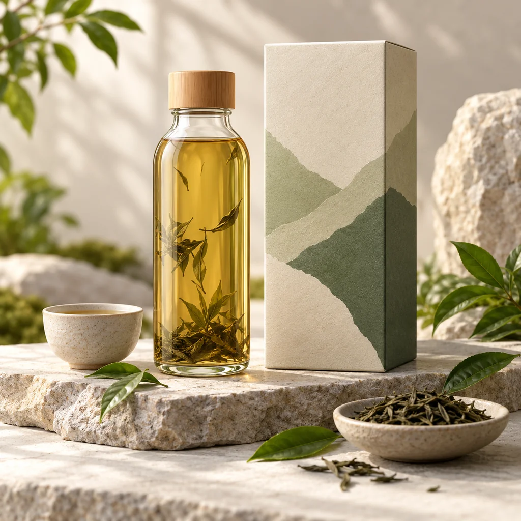 Sustainable tea bottle and packaging concept in a sunlit studio still life