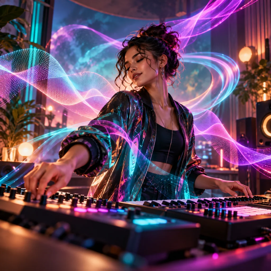 Music creator performing in a studio surrounded by teal and magenta light ribbons