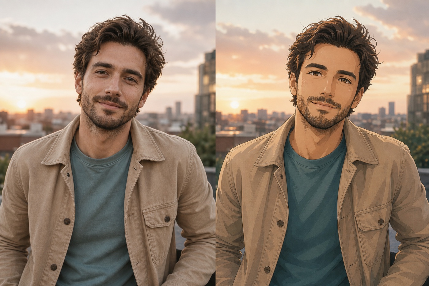 Original portrait before and after AI anime transformation