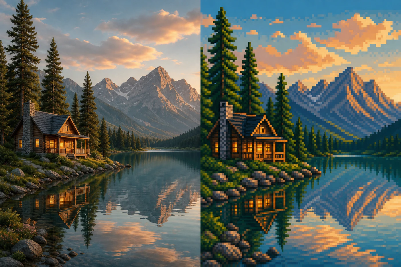 Landscape photo before and after AI pixel art transformation