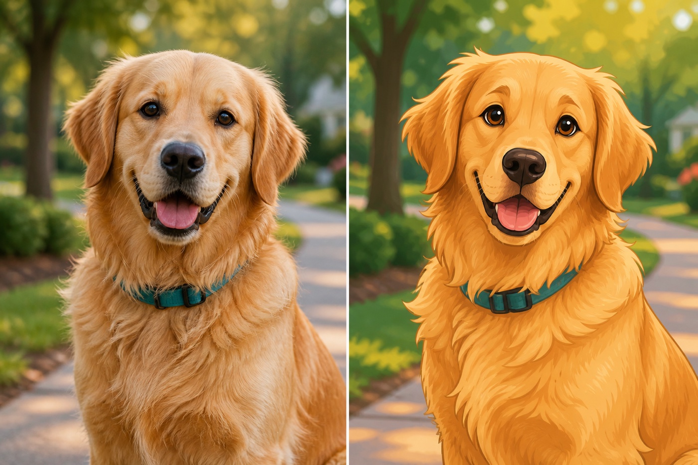 Pet photo before and after AI cartoon transformation