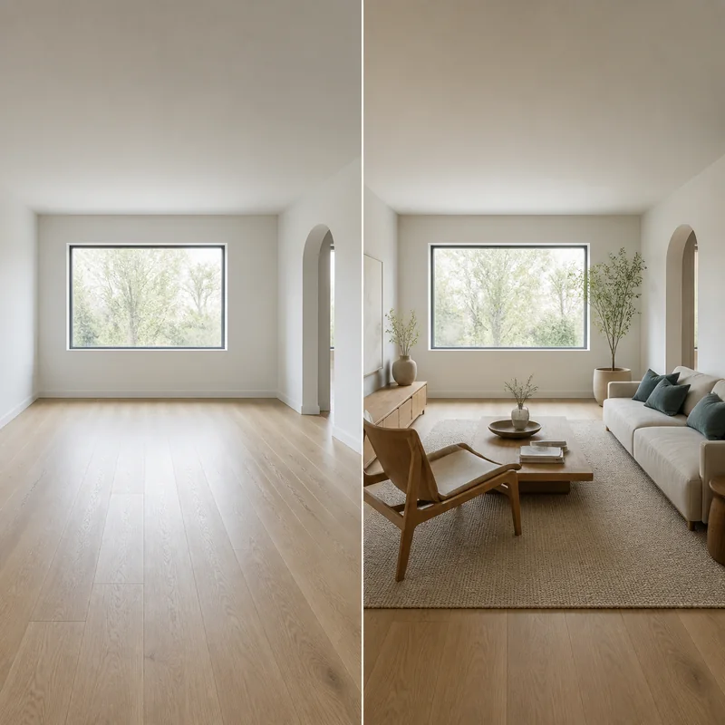 Unfurnished room transformed into a finished interior design concept