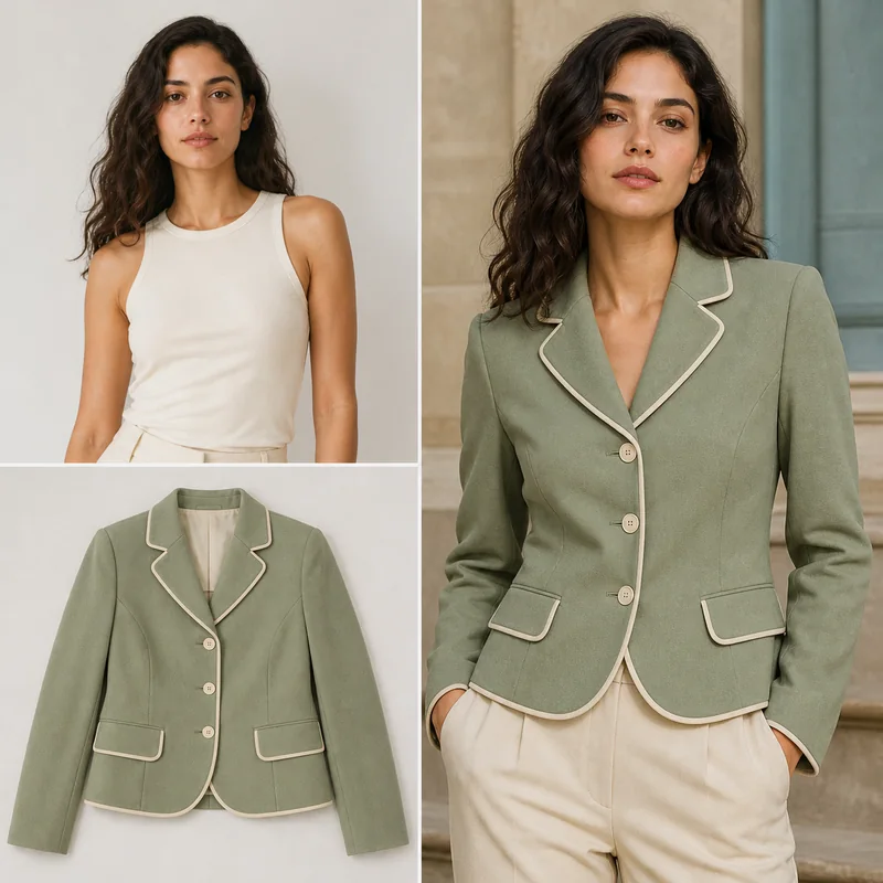 Model and clothing references combined into a fashion lookbook image