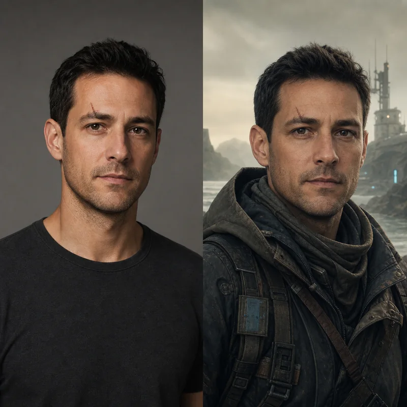 Portrait reference transformed into a cinematic game character concept